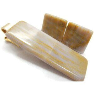 Brown Marble Cufflink & Neck Tie Clip Set Gold Tone Shirt Wedding Tux Vtg